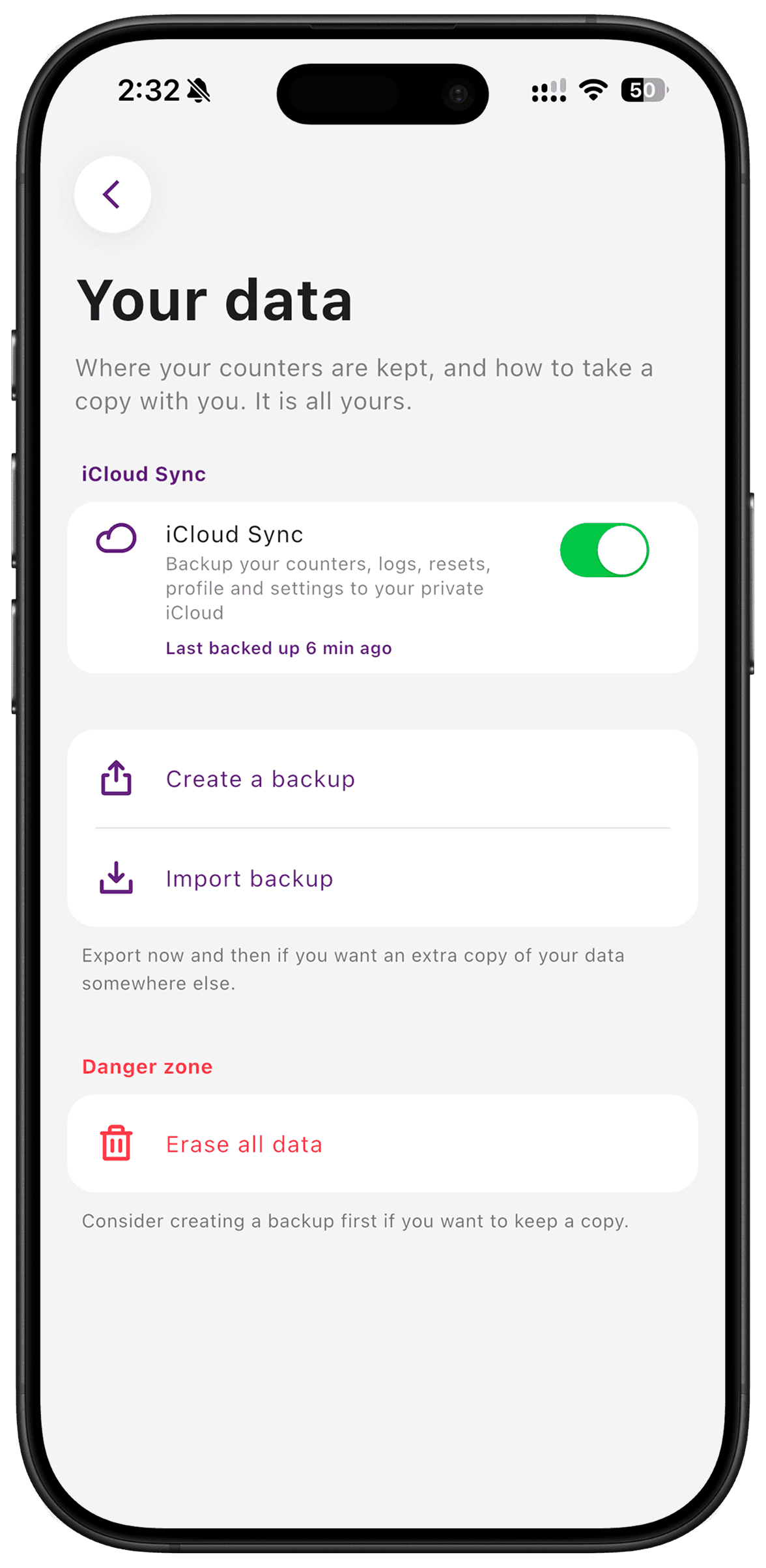 iCloud backup enabled in Settings